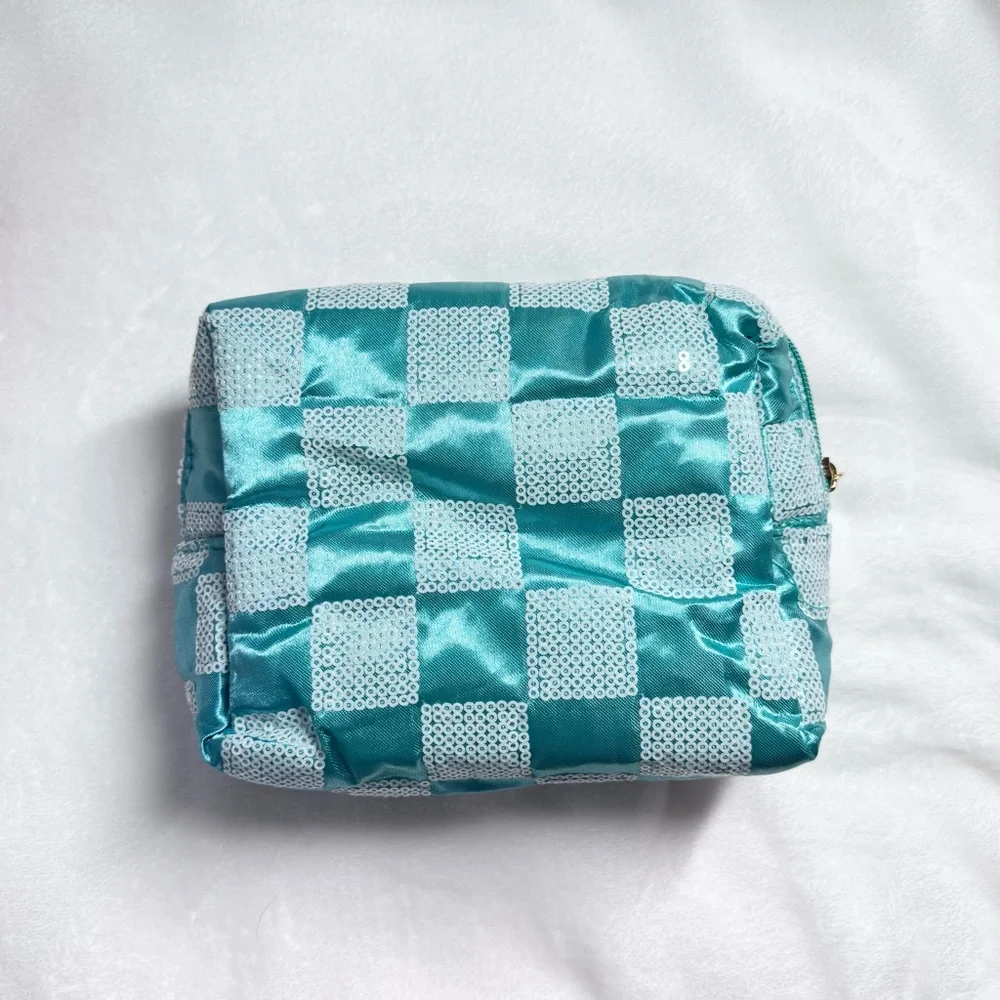 Blue Green Teal Aqua Checkered Sequin Pouch Makeup Bag - New